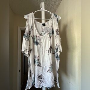 Torrid-Cold Shoulder Floral Tunic Top - White with Teal & Gray Floral